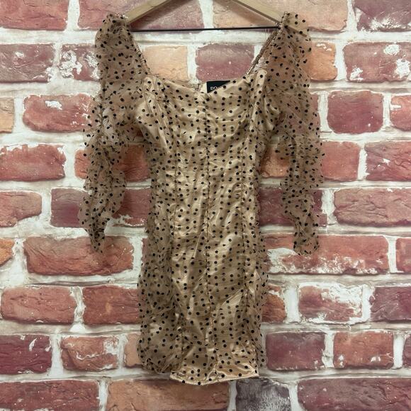 DO + BE Mini Dress Women's Small Tan Black Polka Dot Sheer Mesh Ruched Zip Up - Picture 6 of 8